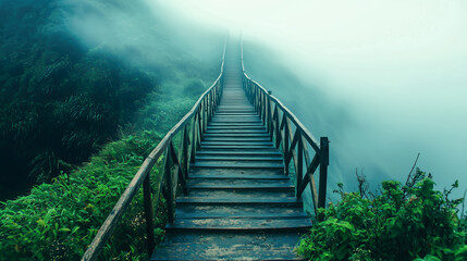 A wooden staircase leads up into the dense, misty forest. The steps appear to rise into the clouds, a stairway to heaven.