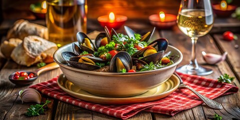 Cozy Seafood Dinner: Mussels in White Wine Garlic Sauce, Red Tablecloth