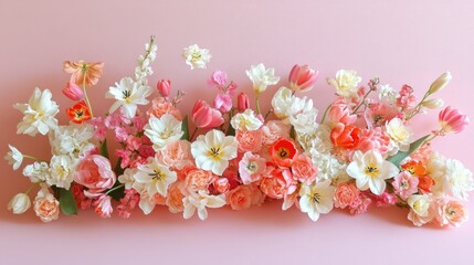 A stunning floral bouquet of tulips in soft pink, white, and red, arranged against a pastel pink surface.