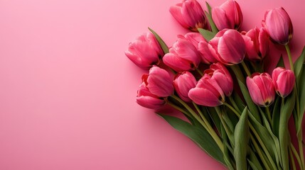Obraz premium A stunning floral bouquet with tulips in various shades of pink, arranged elegantly on a pink background.