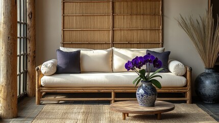 Explore a serene Zen-inspired living room with elegant decor and natural elements