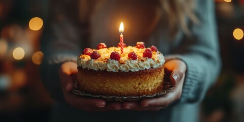 Fototapeta premium Celebration of a special occasion with a cake adorned with raspberries and a candle held by a person indoors