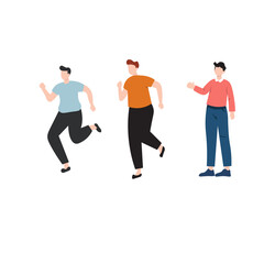 Three men running, one observes, in flat design style.