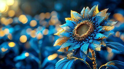A captivating flower with intricate patterns and a striking blue and gold color scheme, creating a mesmerizing artistic effect.
