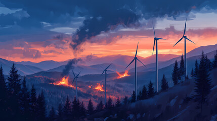 Wind turbines on a mountain landscape. Energy - Fire. Illustration