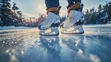 Ice skates close up. Winter sport skating. Blades on ice surface. Cold season fun. Frozen pond or lake with snow. Outdoors activity.