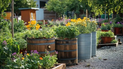 Plants in garden. Flowers bloom in outdoor farm. Vegetables growing in containers. Green leaves in sunlight. Colorful flowers in garden. Gardening in springtime.