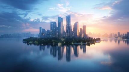 Fototapeta premium City skyline reflects on water. Buildings on island with sunrise sky. Urban view over calm sea. Modern cityscape with skyscrapers on shore.