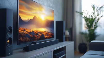 Fototapeta premium Modern smart tv connected with sound bar. Home entertainment system. Tech, visual, audio entertainment. Stylish interior design. Living room setup. High-quality image, beautiful landscape view, 