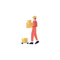 Delivery worker carrying boxes and pushing a hand truck.
