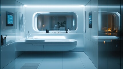 Fototapeta premium Modern bathroom interior. White tones. Bathtub and mirrors inside. Clean design and bright light. Minimalist style. Interior architecture and design.