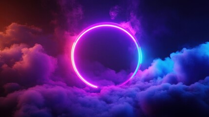 Neon glowing circle surrounded by clouds and colorful sky