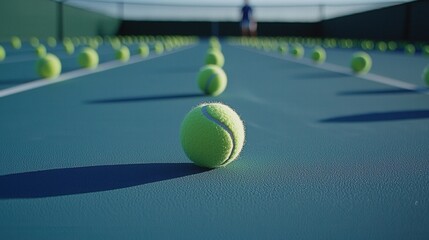 Tennis Balls on Court with Player Training for Sport Competition