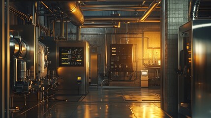 A sleek modern boiler room with polished steel gas boilers, intricate pipe systems, and digital control panels glowing in a soft industrial light
