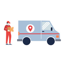 Delivery Person with Package and Delivery Van