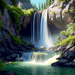 There is a waterfall in the mountains and the sun is shining.Illustration of a beautiful waterfall in the mountains.