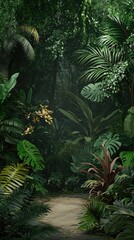Lush tropical path, jungle foliage, sunlight beam, vibrant greenery, nature background, ideal for travel or nature documentaries