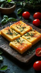 Deliciously cooked polenta squares garnished with fresh herbs and tomatoes on a wooden board