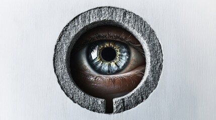 Minimalist artistic interpretation of an eye observing through a keyhole