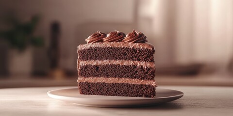 Chocolate layer cake on a plate with frosting in a cozy indoor setting during daylight
