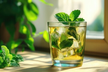 Refreshing iced mint tea in a glass, garnished with fresh mint leaves, perfect for a sunny day.