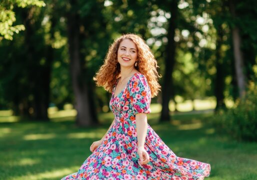 Young woman twirling in floral dress outdoors