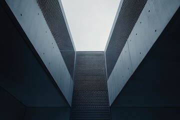 Obraz premium Abstract architectural view of concrete structure with metal mesh, creating a visually striking geometric pattern.