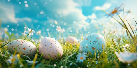 Colorful easter eggs resting on green grass surrounded by daisies under a sunny sky