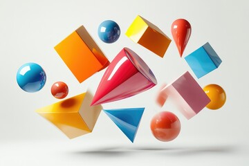 Colorful 3D geometric shapes, spheres, cubes, cones, and pyramids floating in mid-air.