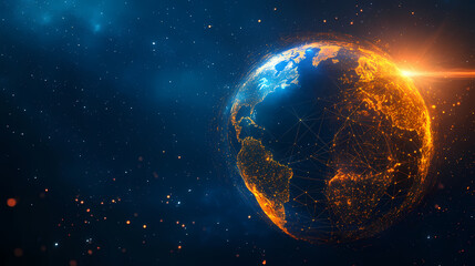 Abstract polygonal planet earth with hologram on dark blue background. Energy - Fire. Illustration