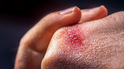 Close-up of fingers scratching a mosquito bite on the back of the hand, highlighting the red rash and inflamed skin caused by an allergic reaction