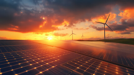 Close-up of solar panels absorbing sunlight with windmills in the background providing additional energy. Energy - Fire. Illustration
