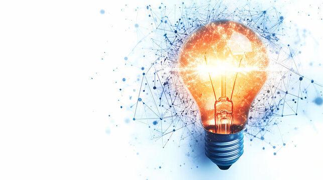 Concept of new ideas and innovation with light bulb and big data network connection on white background. Energy - Fire. Illustration