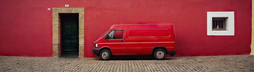 Red delivery van parked against a red wall