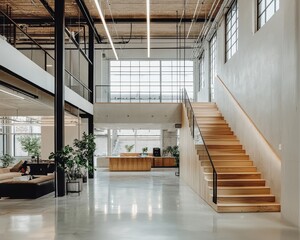 Obraz premium Elegant modern loft interior with open-space design, bright lighting, clean lines, neutral color palette, and minimalist details