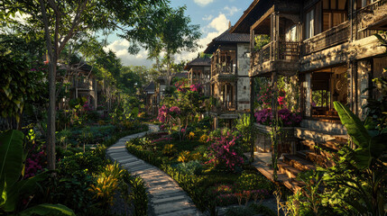 Serene tropical villa landscape with lush gardens, vibrant flowers, and a winding pathway