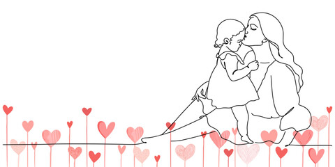 Line art illustration of mother and kid, Happy mother's day vector illustration. mom and daughter. Cute heart flowers.
