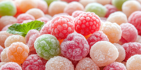 Assorted fruit-flavored gummy candies coated in sugar crystals, shaped like raspberries, in vibrant colors.