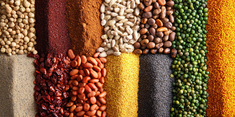 A vibrant assortment of spices, grains, and legumes arranged in colorful, textured rows, natural ingredients.