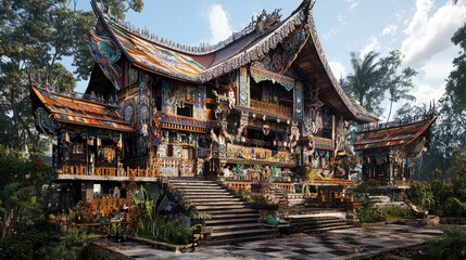 Fototapeta premium A vibrant, intricately designed traditional house surrounded by lush greenery and sunlight