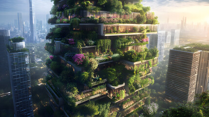Obraz premium A futuristic city where every building is covered with green rooftops, vertical gardens, and urban farms to promote a sustainable environment and reduce pollution.