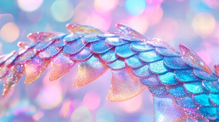 Fototapeta premium Fantasy celebration scene, rainbow-colored mermaid scales, glitter texture with sparkling light reflection, pastel transition and soft bokeh glow