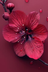 Fototapeta premium A vibrant red flower is displayed with intricate petals glistening water droplets enhance its beauty. Dark surface accentuates the colors creating a striking visual appeal.