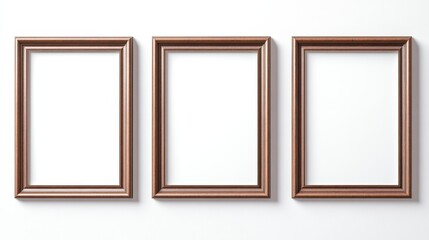 Three minimalist empty photo frames with an eclectic design on a white backdrop