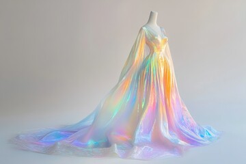 Iridescent gown with cape sleeves, flowing fabric, and a pastel rainbow sheen.