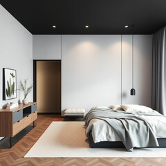 Modern luxury bedroom interior in minimal scandinavian style