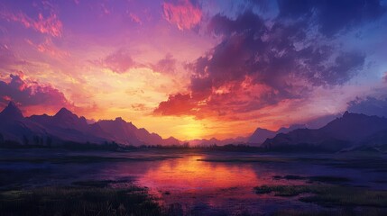 Naklejka premium Breathtaking Kaleidoscopic Sunset Over a Tranquil Horizon Bursting with Rich Colors and Dynamic Light That Inspires a Sense of Wonder and Serenity