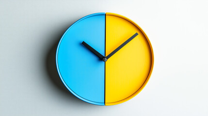 A vibrant wall clock is divided into halves, featuring a bright yellow and a serene blue. The time is currently around 9:20.