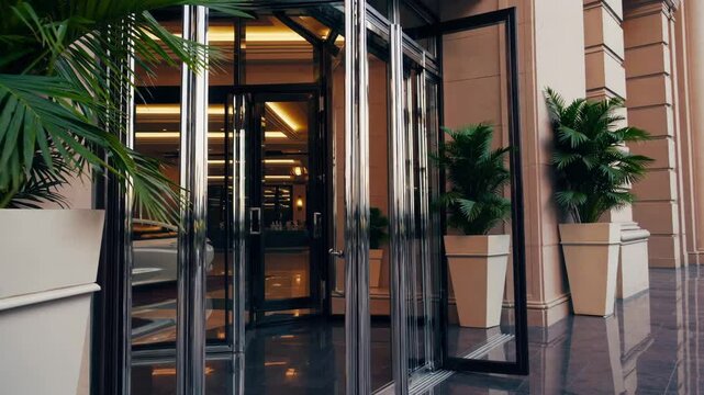 Elegant hotel facade featuring gleaming glass entryway, sliding doors revealing pristine white vehicle against reflective marble surfaces