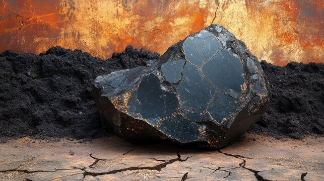 Raw chromite ore on cracked soil amidst a barren mining landscape